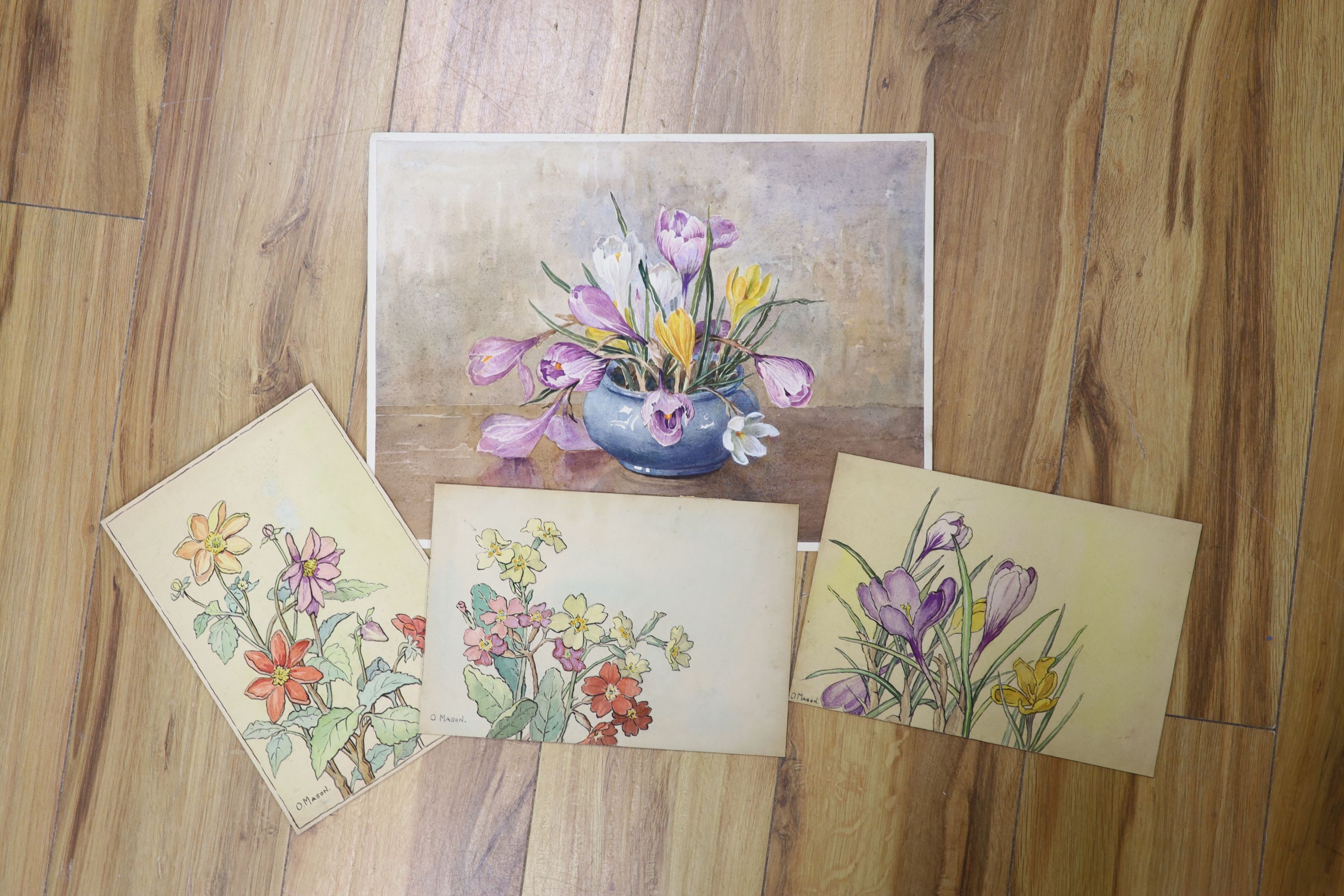 Olivia Mason (1872-1970), four still life flower studies, another of roses in a bowl, signed Holland and another watercolour of Christmas Roses